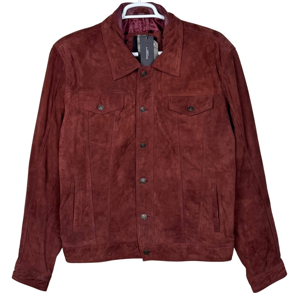 Infinity London Levise Goat Suede Leather Trucker Jacket Mens 4XL Burgundy NEW